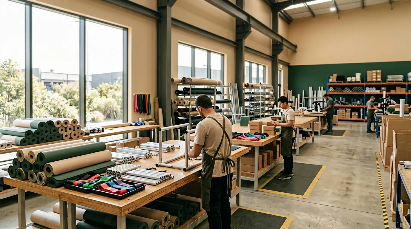 Stella manufacturing workshop with rolls of yoga mats and assembled equipment