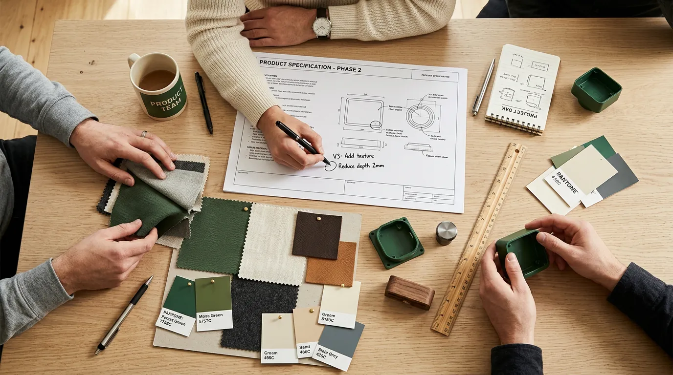 Overhead view of a Stella product team reviewing material swatches and a product spec sheet