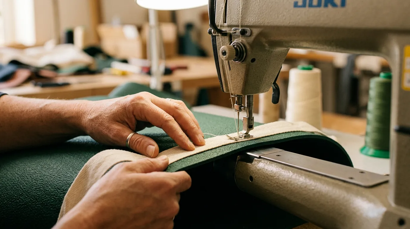 Skilled hands sewing a forest-green yoga mat at a workshop sewing station