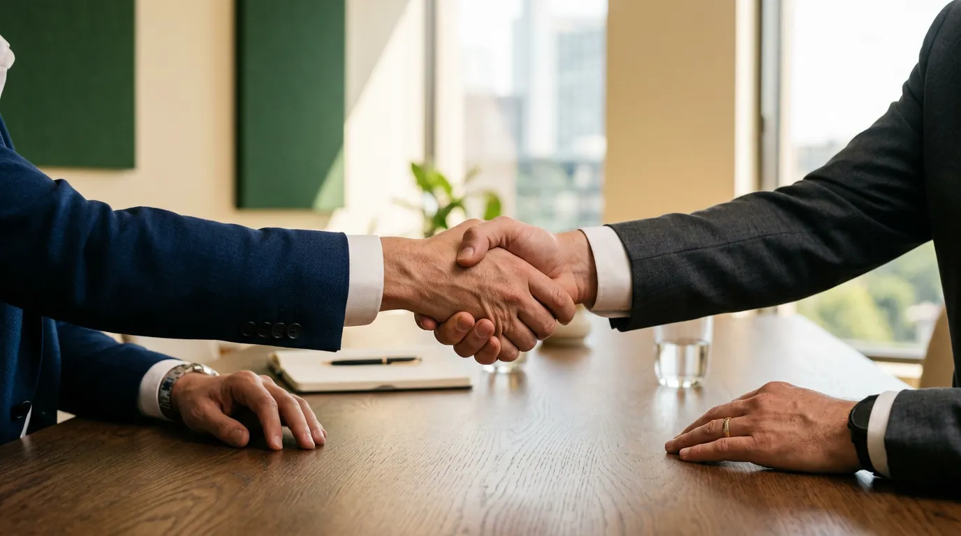 Two business professionals shaking hands across a conference table after a sourcing meeting
