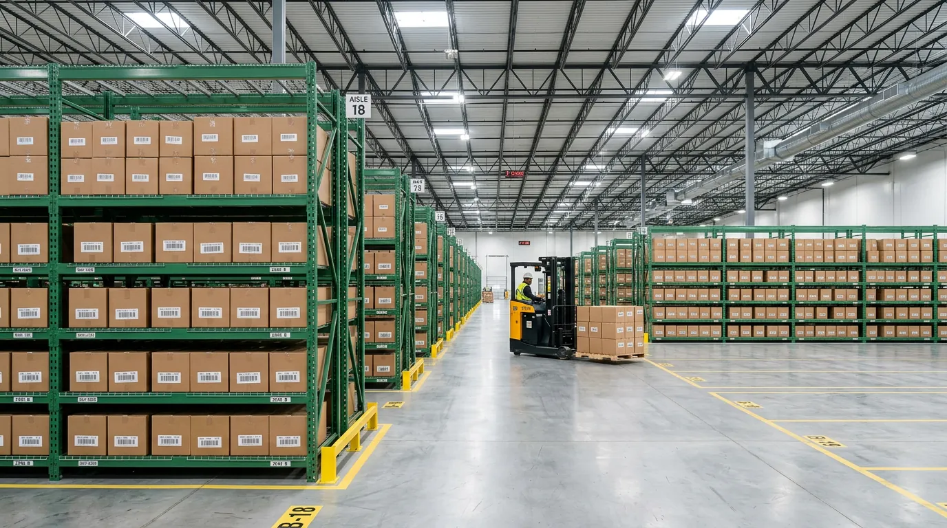 Modern warehouse interior with green metal racking stocked with neatly arranged cartons