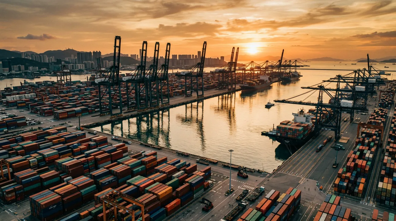 Cargo port at golden hour with stacks of shipping containers and dockside cranes