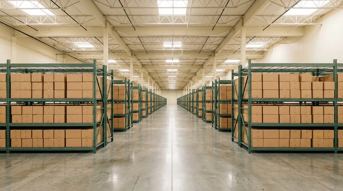 Bright modern warehouse interior with neat cardboard cartons stacked on green metal racking