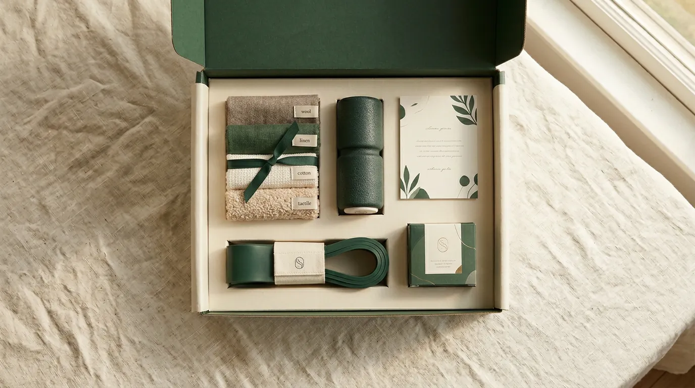 Premium curated sample kit in a forest-green box