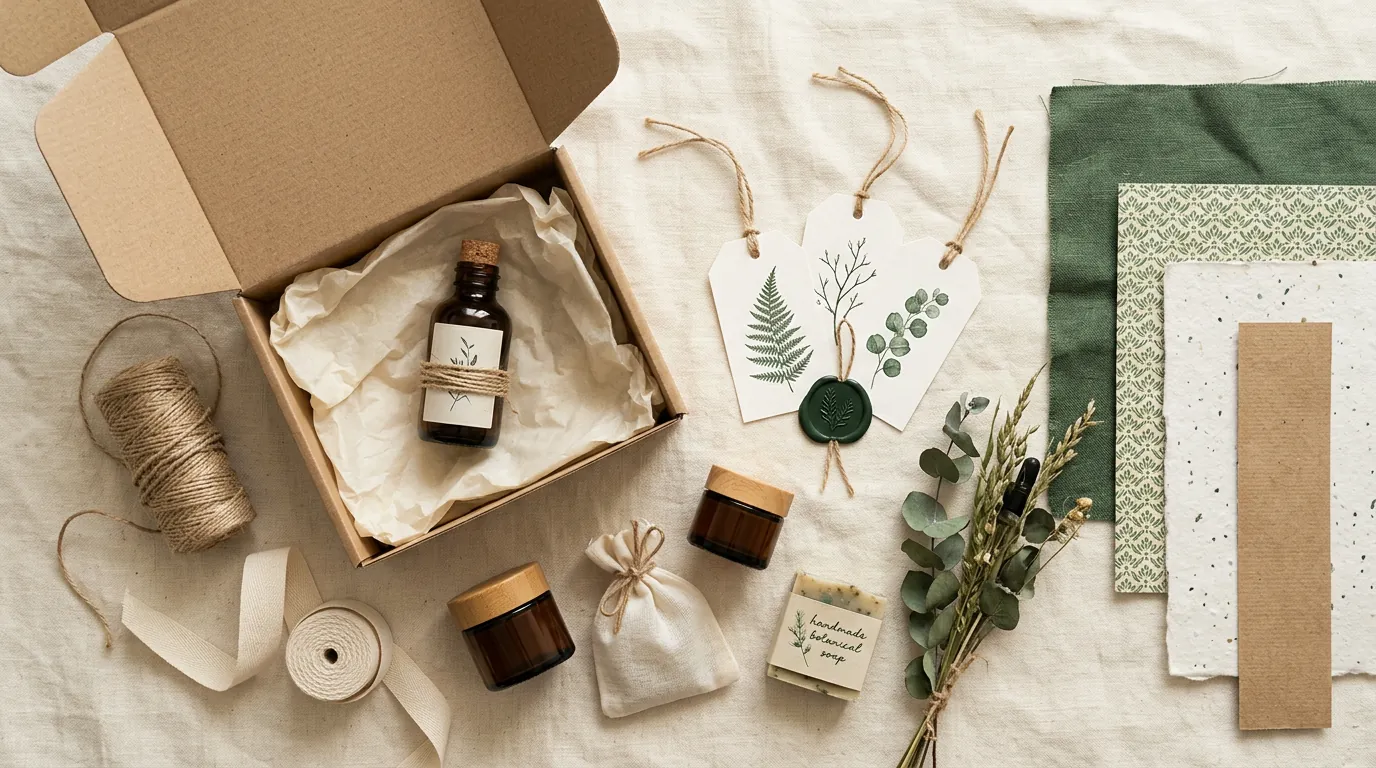 Packaging moodboard with kraft box, paper hangtags, twine, fabric swatches and amber bottle on cream linen