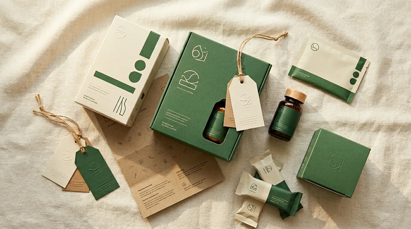 Forest-green branded folding cartons, cream hangtags and product samples on cream linen