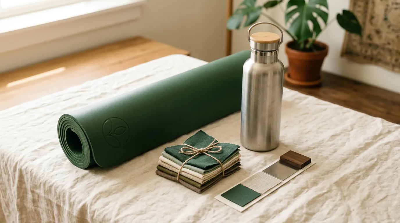 Premium customized yoga mat and steel water bottle as a packaged set on cream linen
