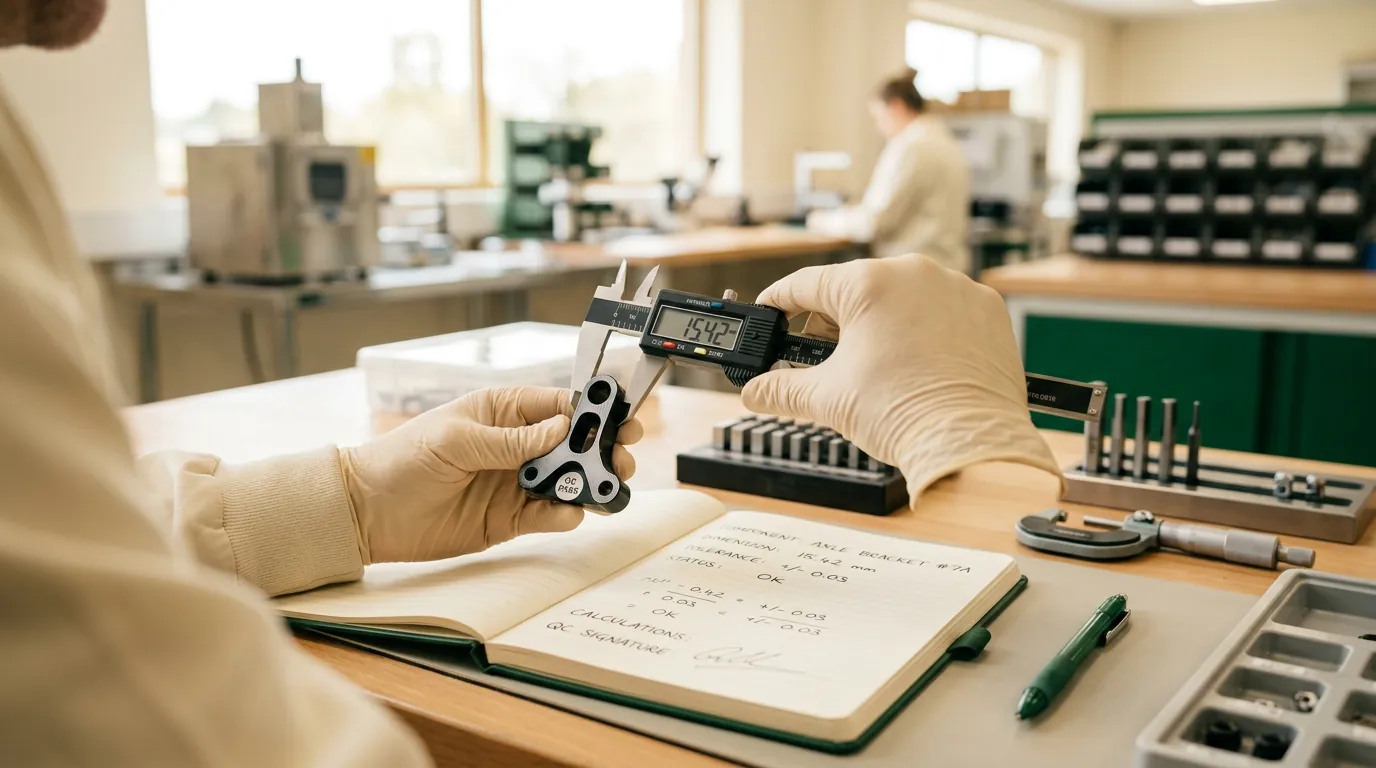 Quality control inspector measuring a fitness product component with digital calipers in a bright lab