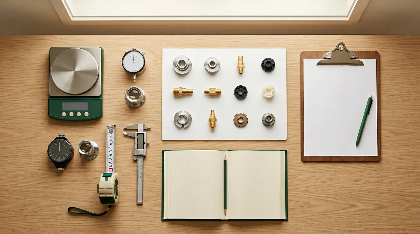Overhead view of an organized QC inspection bench with calipers, hardness tester, samples and a clipboard